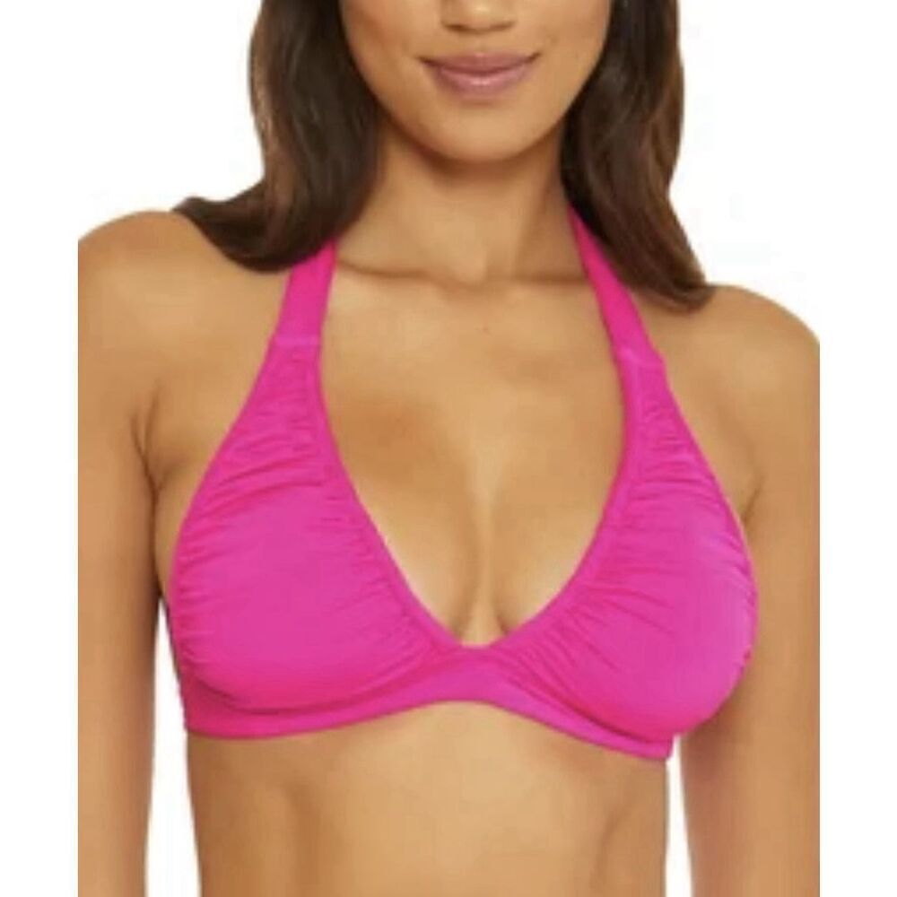 Becca Women's Pink Santorini Halter Allover Shirred Bikini Top Size S